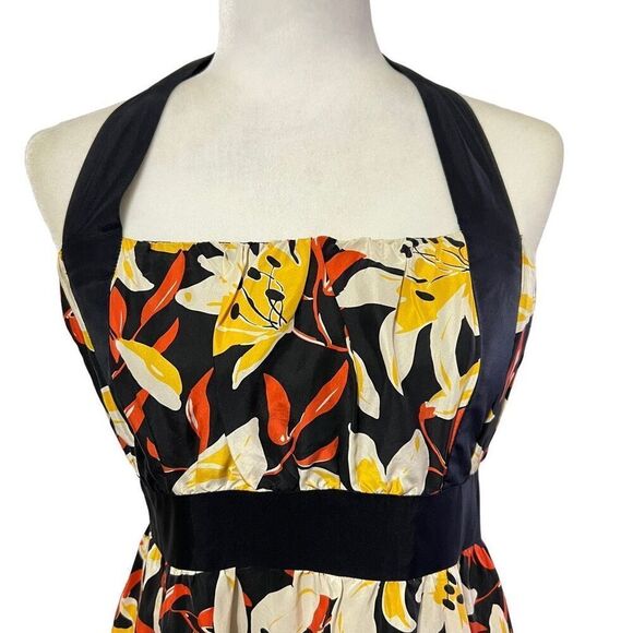 Moulinette Soeurs Black & Yellow Silk Floral Print Halter Neck A-Line Dress Smal - Picture 12 of 13